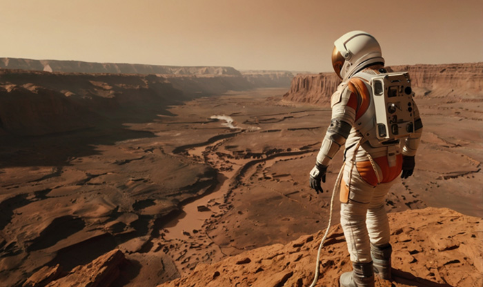 Astronauta en el ca&ntilde;&oacute;n de Valles Marineris